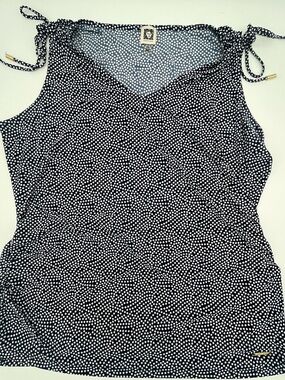 Anne Klein Navy & white Polka Dot Tie-Strap tank sleeveless ruched blouse 1X